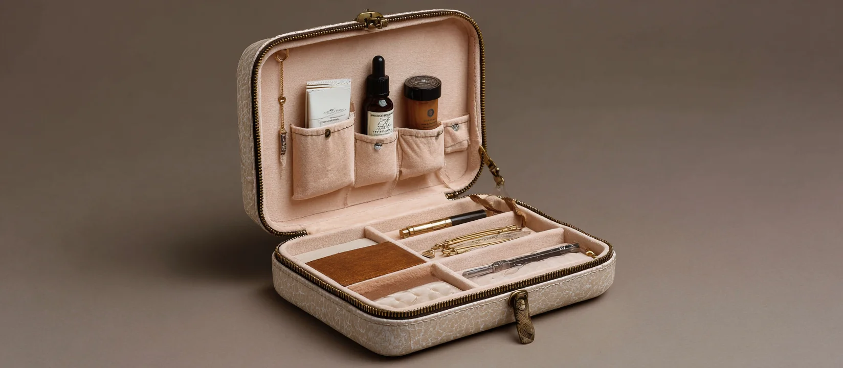 An off-white, patterned small leather jewelry box with pouches for essentials, acting as a personal jewelry display box, not intended for wholesale displays for jewelry.
